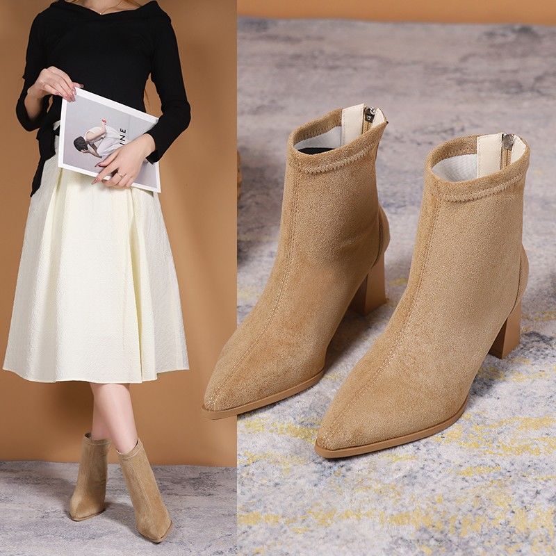 Elegant French thick heel short boots for women 2023 autumn and winter new style small high heel pointed toe thin elastic single boots