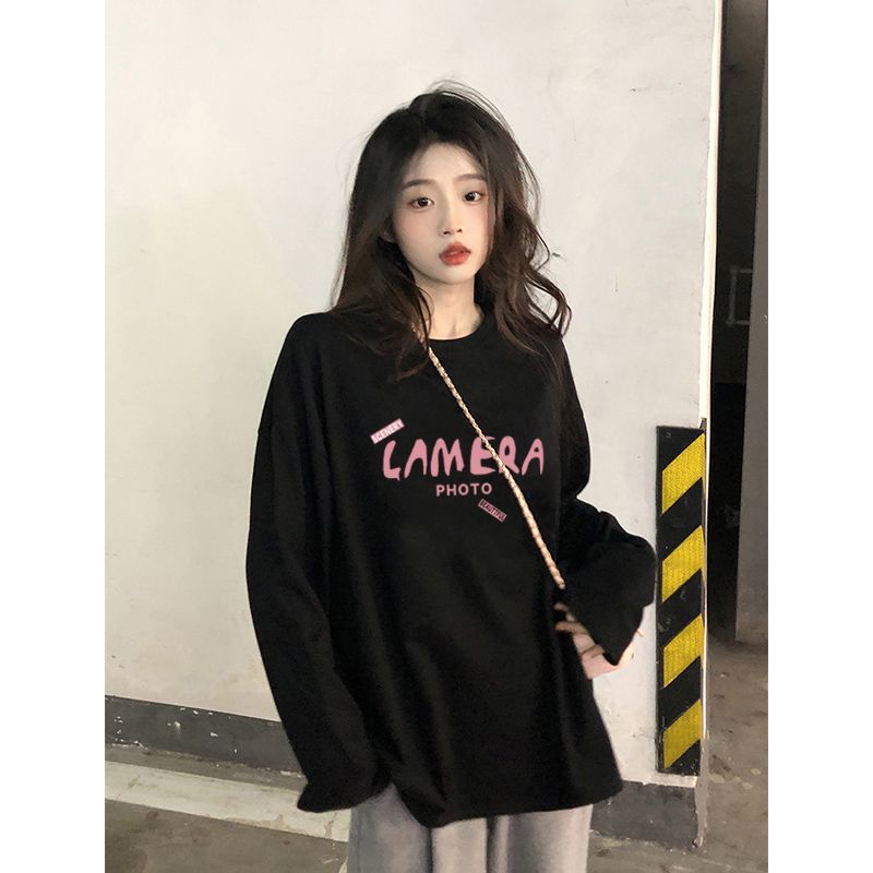 100%純棉長袖t恤女春秋季2023新款韓版寬鬆百搭內搭上衣ins打底衫