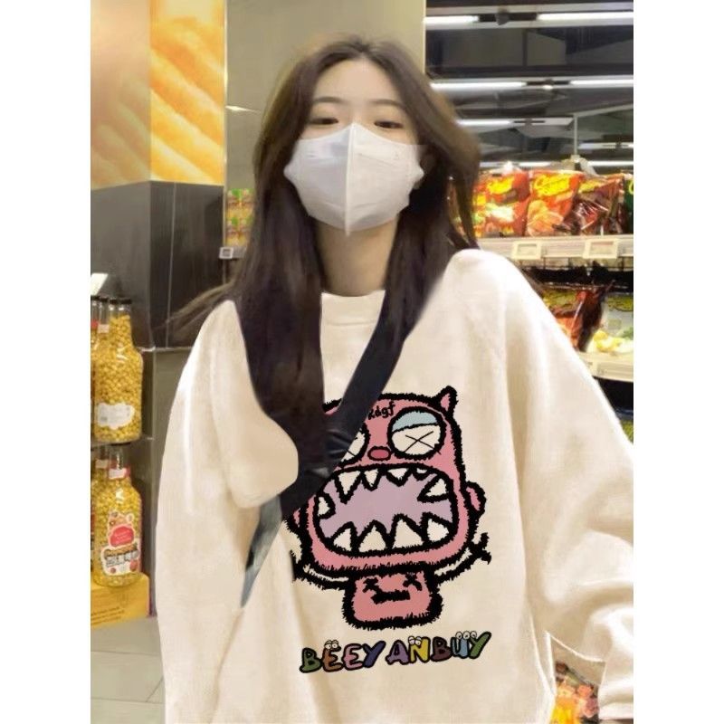 450G重磅銀狐絨圓領衛衣女秋冬季情侶美式高街印花純色寬鬆上衣潮