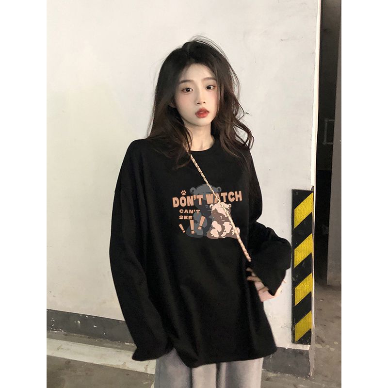 100%純棉長袖t恤女春秋季2023新款韓版寬鬆百搭內搭上衣ins打底衫