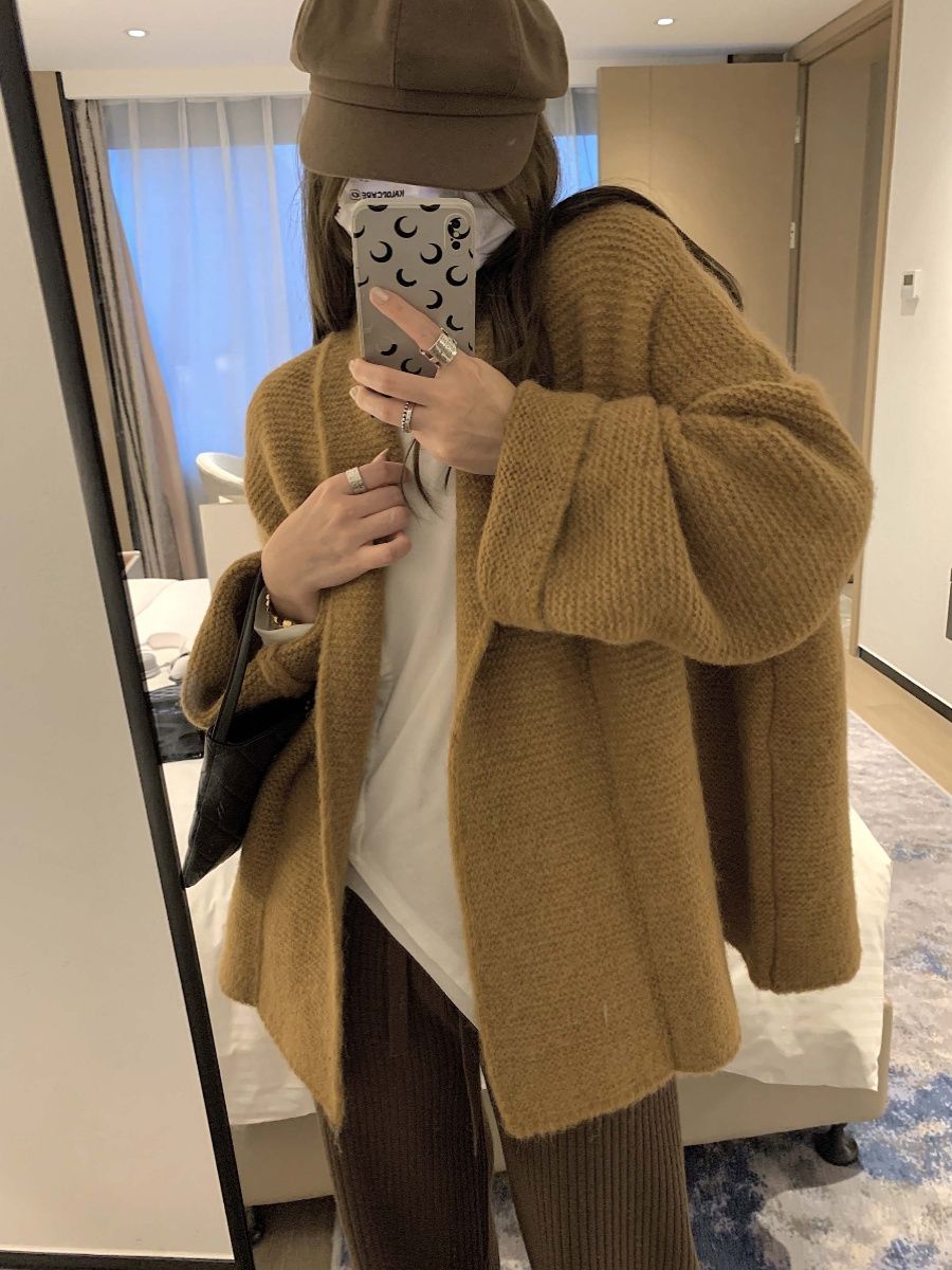 新品韓版洋氣時髦慵懶寬鬆翻領軟糯加厚保暖針織開衫毛衣外套女