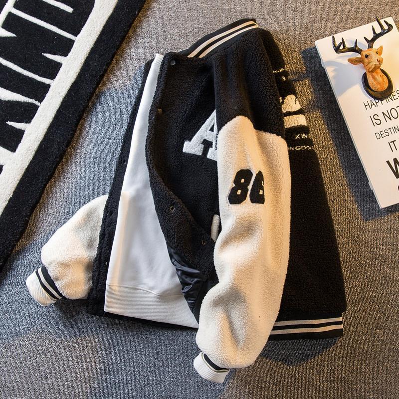 Paul trendy American high-end lamb wool baseball jacket men's winter thickened warm jacket cotton coat cotton coat for men
