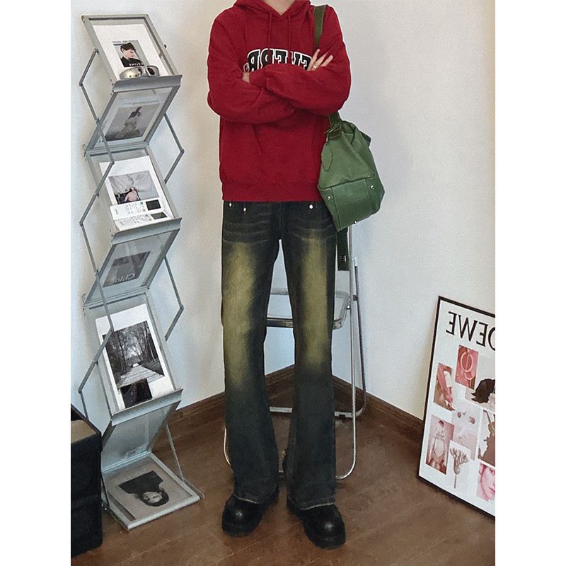 美式vibe復古懷舊藍泥染黃水洗微喇牛仔褲男女ins寬鬆潮牌長褲子