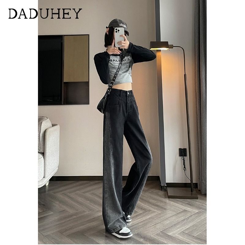 Autumn and winter new black and gray wide-leg jeans for women with gradient design, high-waisted, loose and slim floor-length pants, long pants