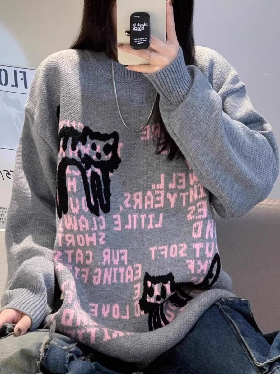 復古慵懶風趣味貓咪植絨毛衣女秋冬季新款潮牌圓領針織打底衫上衣