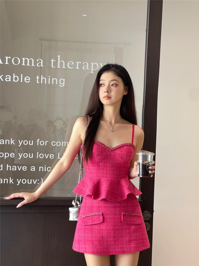 小香風套裝女裝新款新娘訂婚結婚粉色吊帶上衣短裙辣妹兩件套潮流