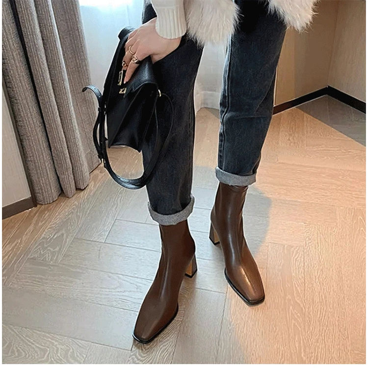 棕色潮流短靴女高跟粗跟后拉链方头年新款冬季韩版弹力瘦瘦靴