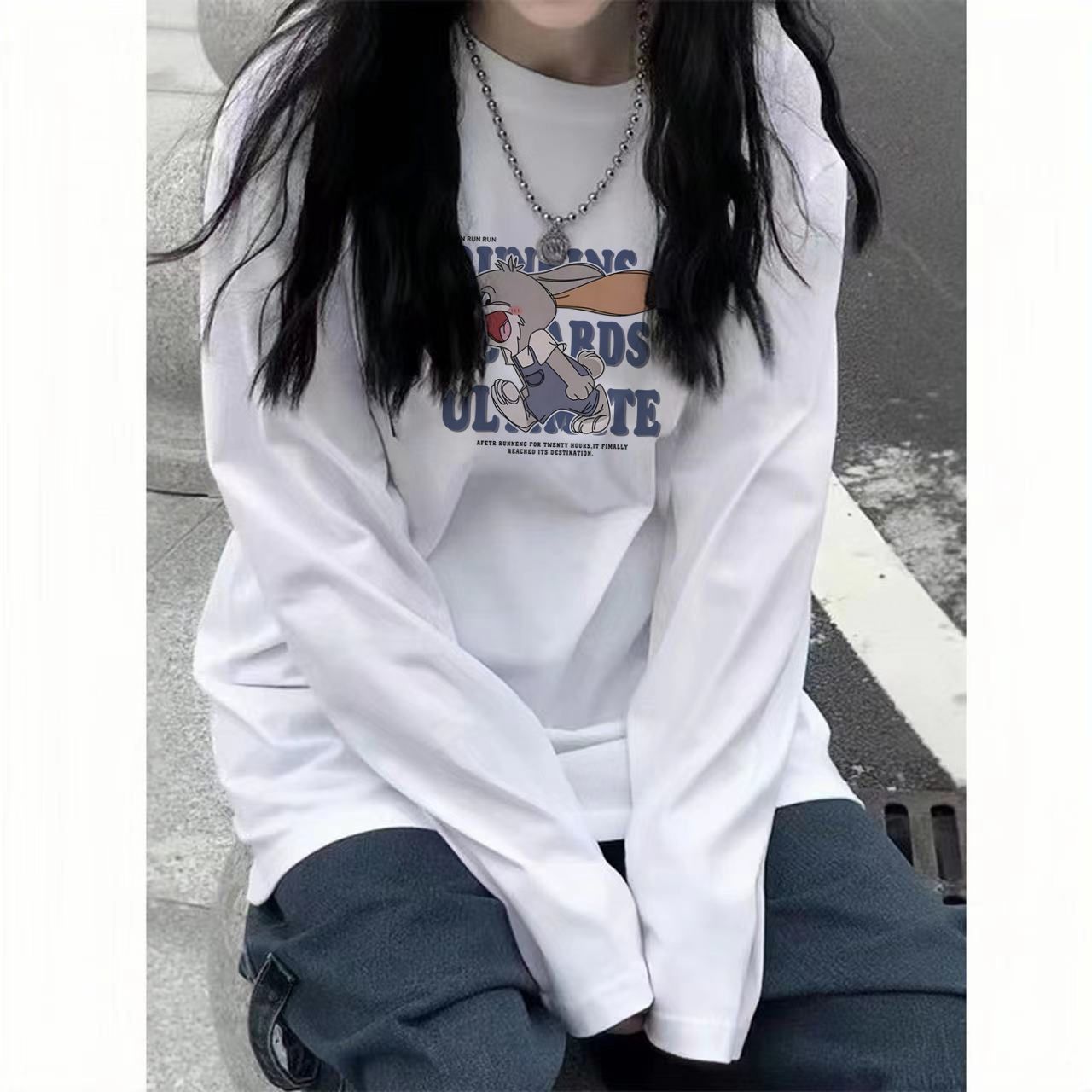 100%純棉白色長袖T恤女秋季新款韓版寬鬆百搭印花打底衫上衣ins潮