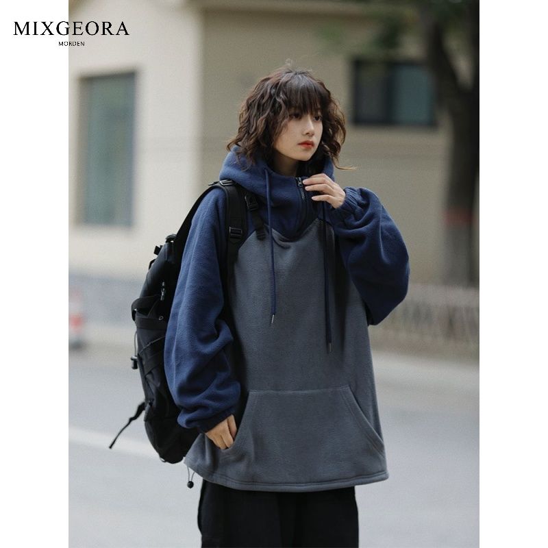 MIX GEORA winter contrasting retro pullover hooded sweatshirt for men and women American loose casual couple jacket