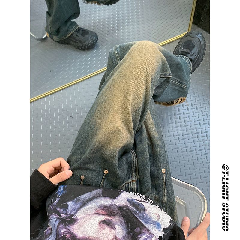 復古做舊水洗牛仔褲黃泥廢土風拖地老爹褲子男女直筒寬鬆微喇褲