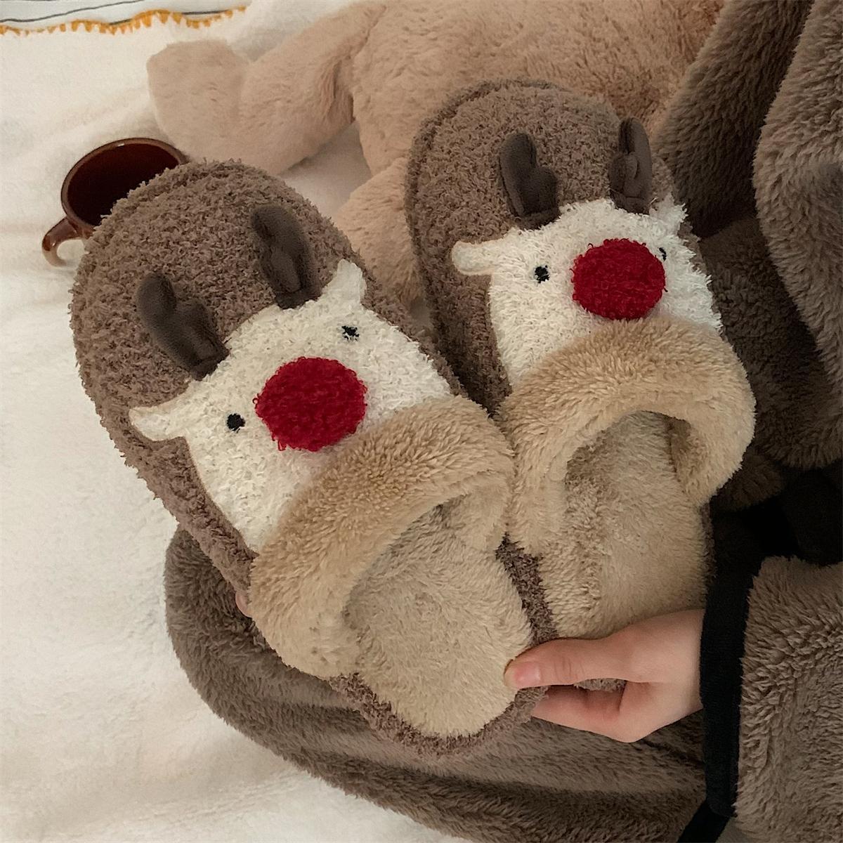 细细条 趣味圣诞麋鹿棉拖鞋男女冬居家舒适软底防滑保暖情侣棉鞋