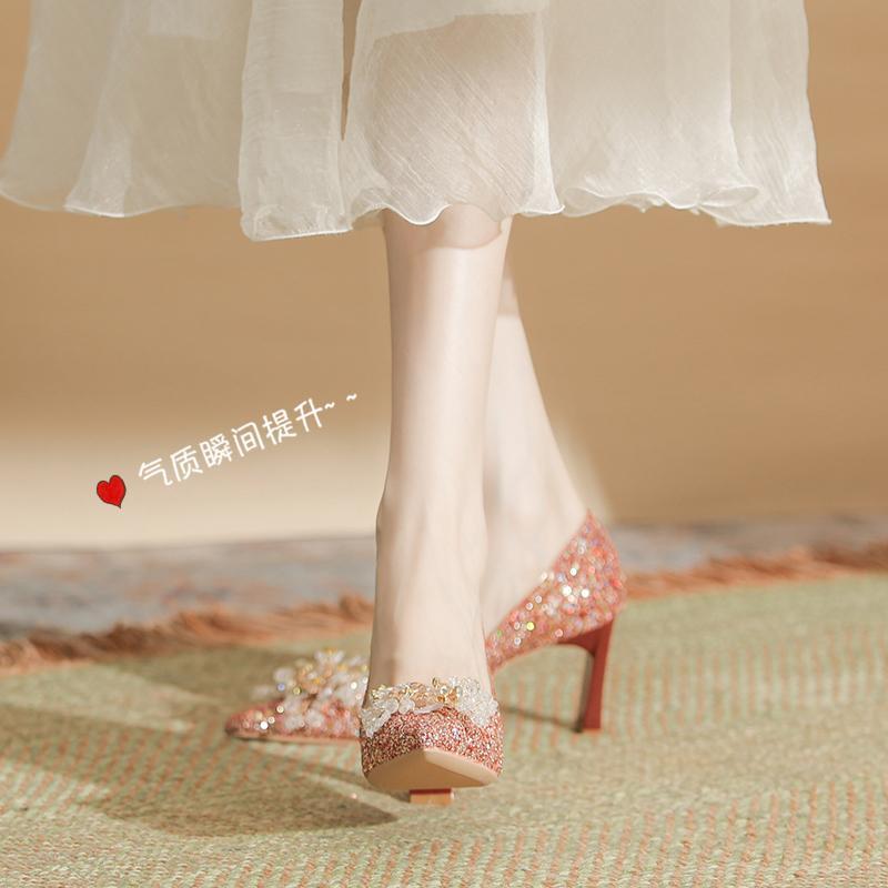 高級感婚鞋禾秀婚紗兩穿2023新款中式婚宴新娘高跟鞋粗跟紅色單鞋