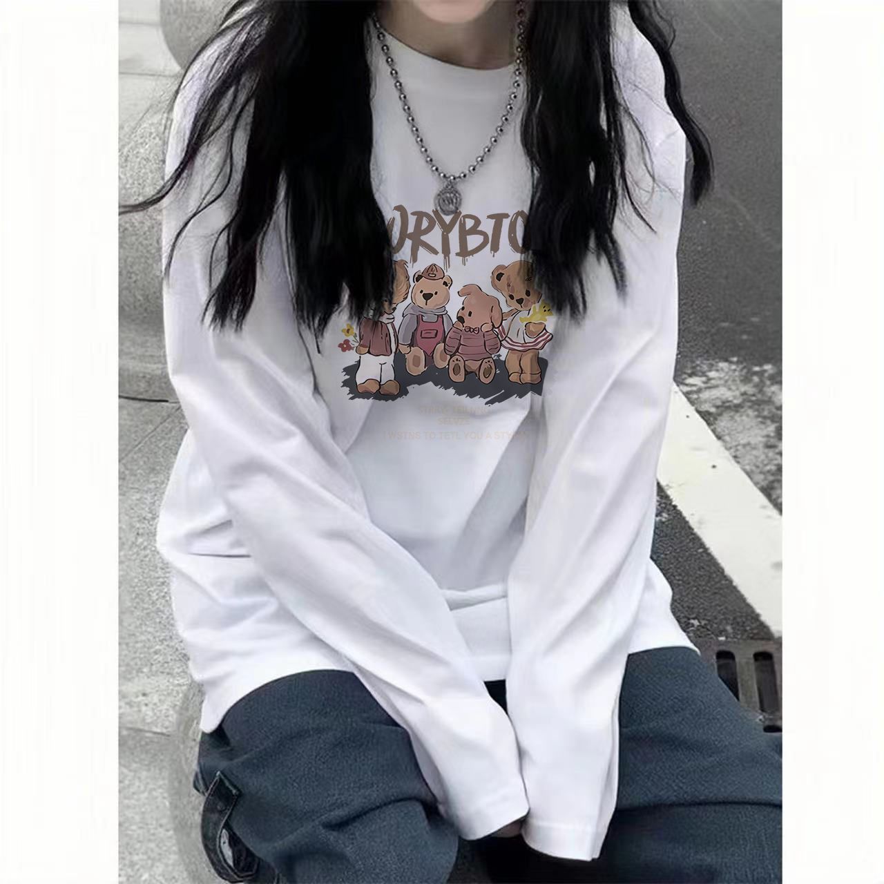 100%純棉白色長袖T恤女秋季新款韓版寬鬆百搭印花打底衫上衣ins潮