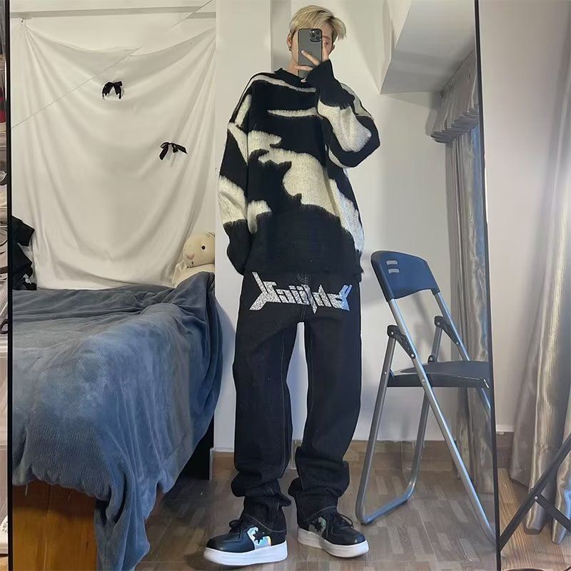 條紋撞色毛衣男秋冬款潮牌ins設計感外套秋冬加厚寬鬆美式針織衫