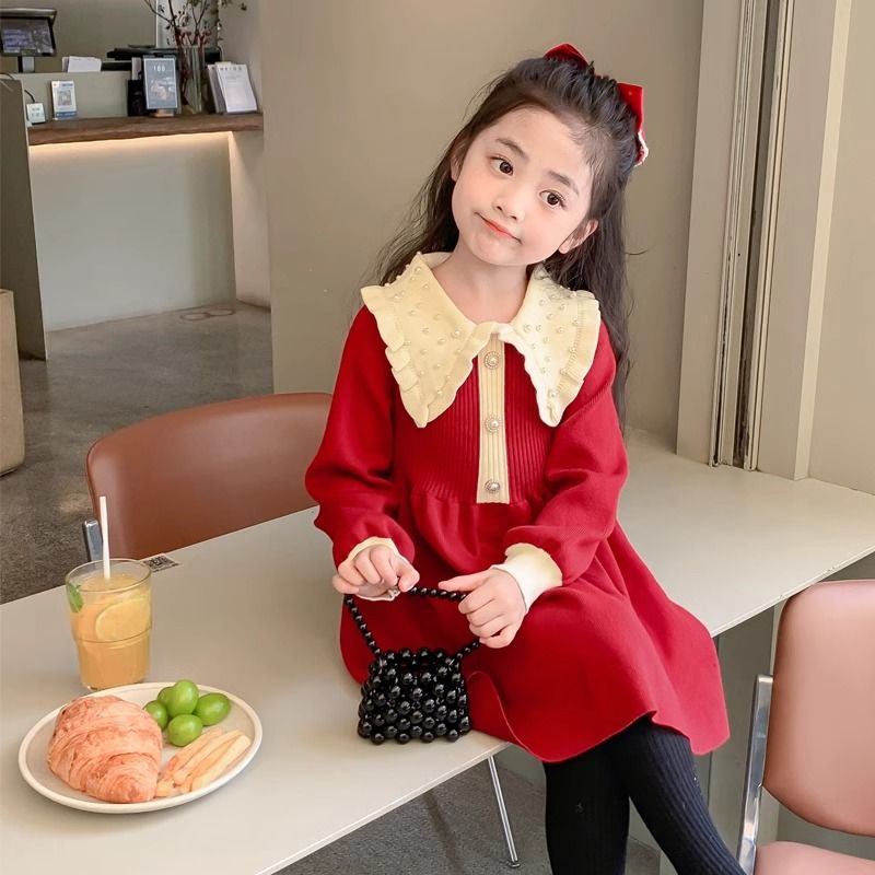 女童秋冬連衣裙兒童拜年服紅色針織衫毛衣裙中小童裝柔軟打底毛衣