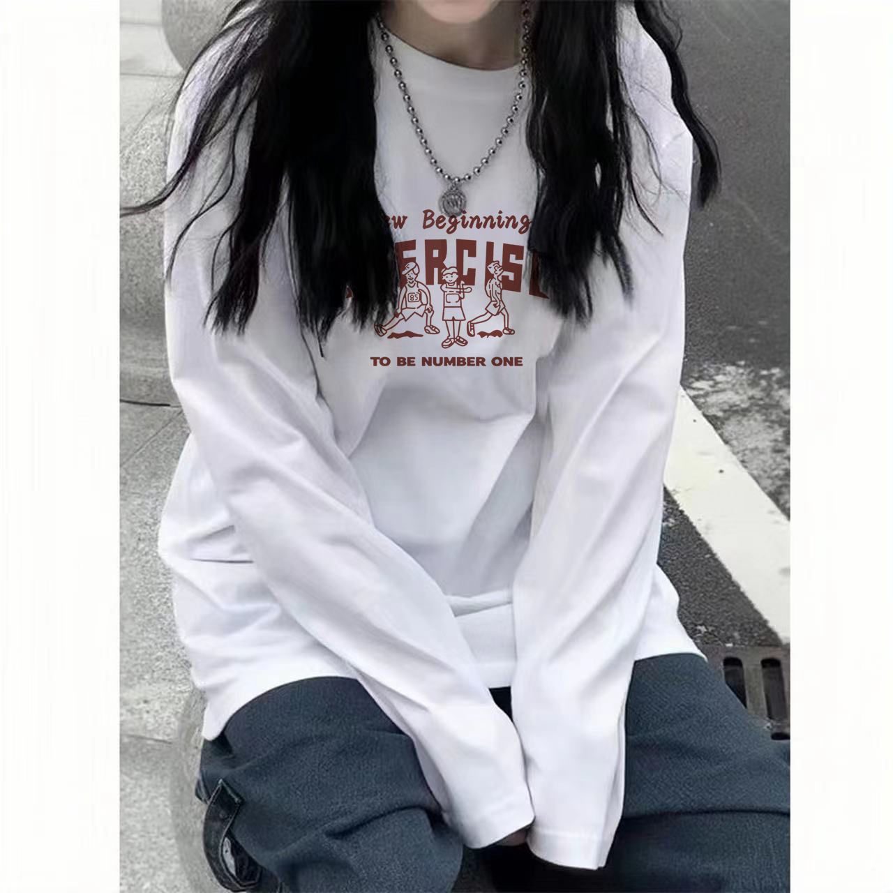 100%純棉白色長袖T恤女秋季新款韓版寬鬆百搭印花打底衫上衣ins潮