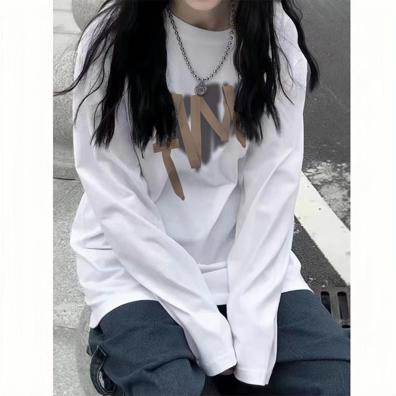 100%純棉白色長袖T恤女秋季新款韓版寬鬆百搭印花打底衫上衣ins潮