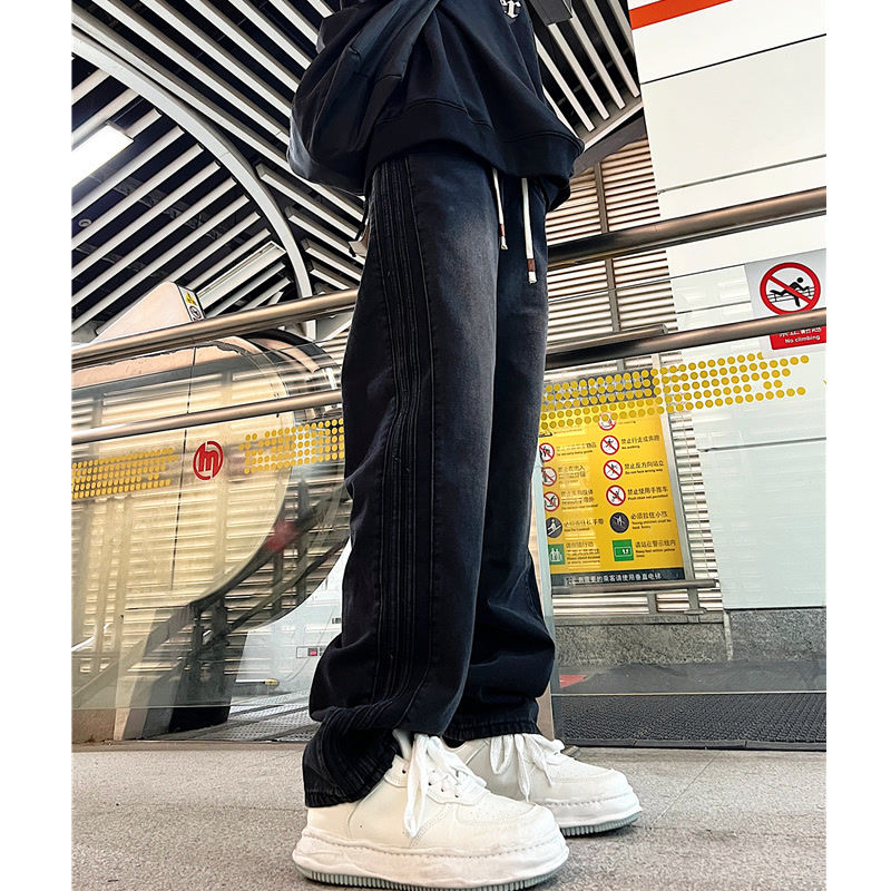 鬆緊腰抽繩漸變褲子男款美式vibe高街直筒長褲潮牌休閒牛仔褲ins