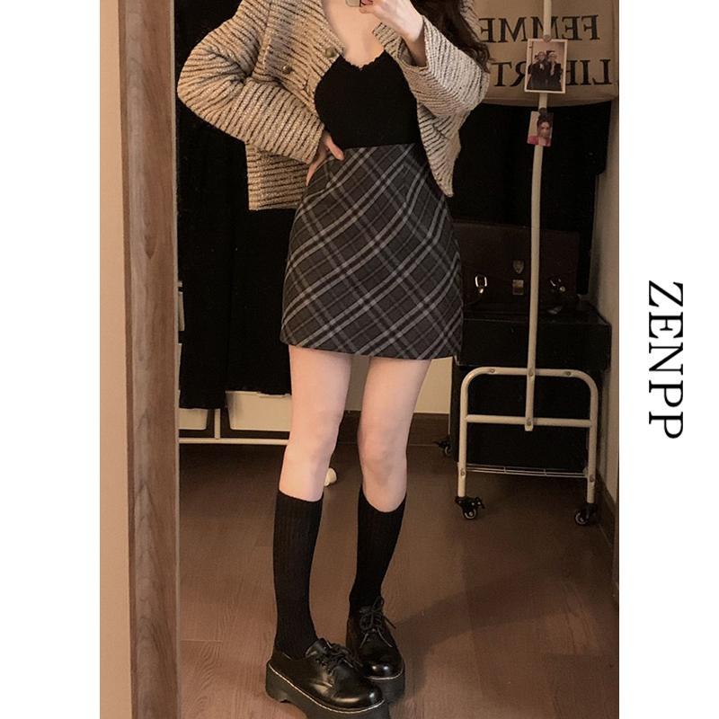 格子磨毛半身裙女秋冬高腰包臀裙a字短裙子bm半裙小個子2023新款