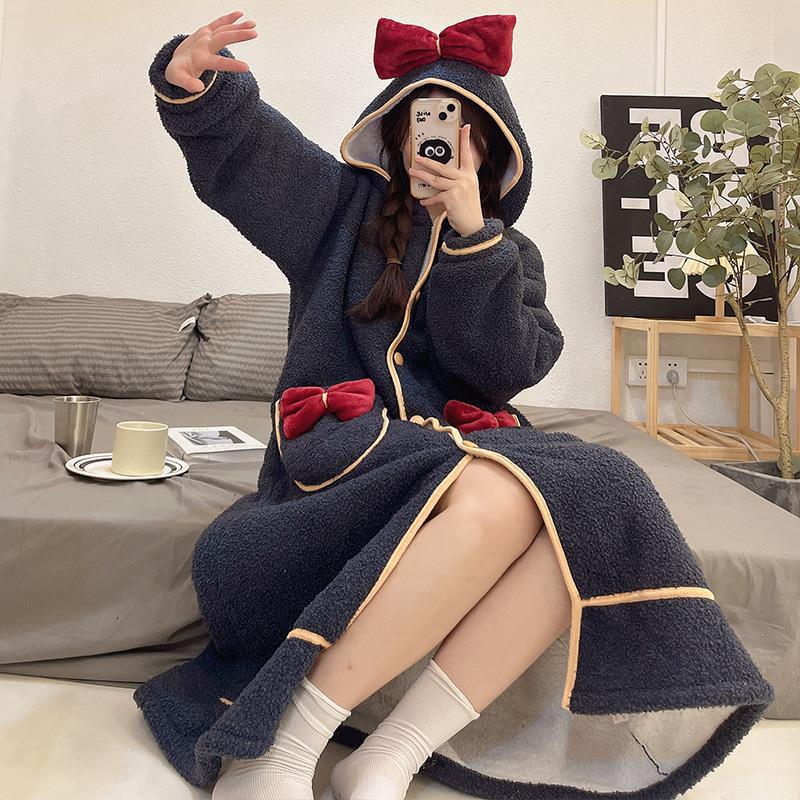 秋冬新款睡衣女長款蝴蝶結可愛連帽睡袍珊瑚絨加絨加厚保暖家居服