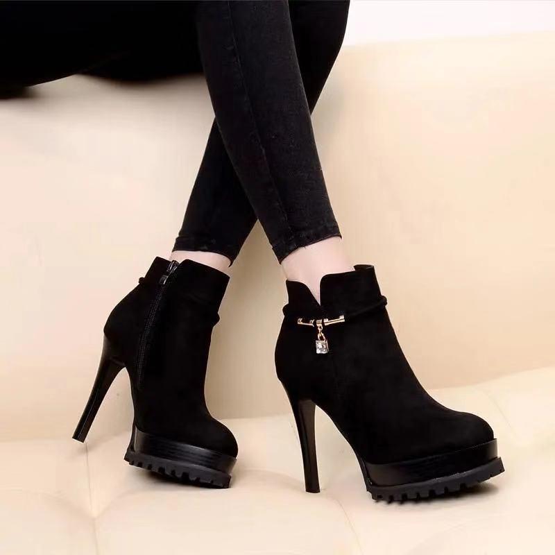 High-heeled boots for women with thin heels European station  autumn and winter new style short Martin boots waterproof platform short boots high heels