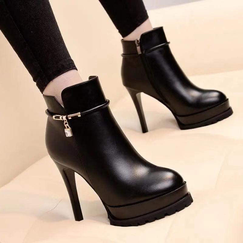 High-heeled boots for women with thin heels European station  autumn and winter new style short Martin boots waterproof platform short boots high heels