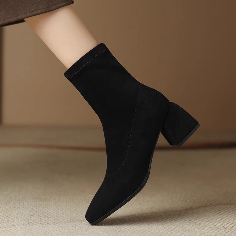 Slim back zipper square toe short boots for women  autumn and winter ins suede thick high heel elastic slim boots short boots