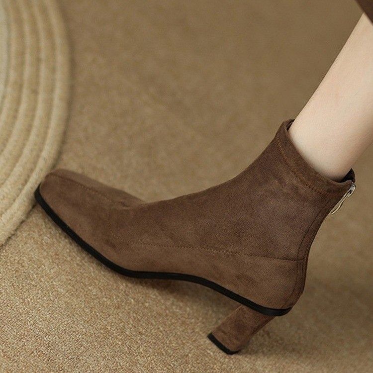 High-heeled short boots for women  new autumn and winter thin boots thick heel boots French suede square toe elastic boots socks boots for women