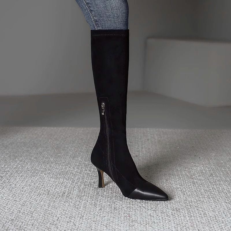 Over-the-knee boots for women  autumn pointed suede high-heeled elastic boots thick-heeled high boots showing long legs and slim boots