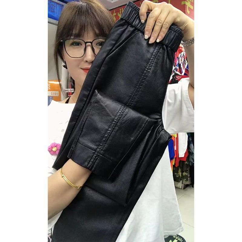 寬鬆高腰顯瘦哈倫褲加絨百搭小腳褲2023秋冬季新款大碼休閒皮褲女