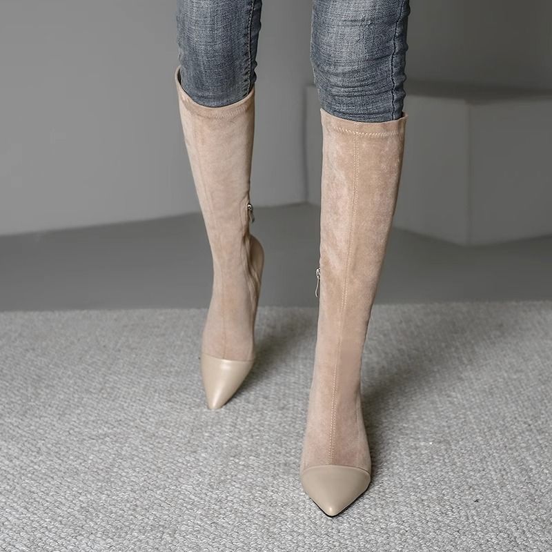 Over-the-knee boots for women  autumn pointed suede high-heeled elastic boots thick-heeled high boots showing long legs and slim boots