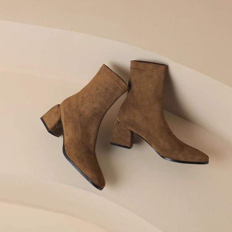 Slim back zipper square toe short boots for women 2023 autumn and winter ins suede thick high heel elastic slim boots short boots