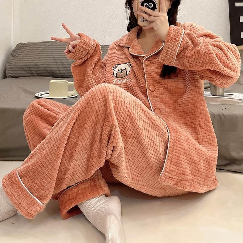 睡衣女冬季珊瑚絨加厚加絨秋冬款季保暖法蘭絨卡通可愛家居服套裝