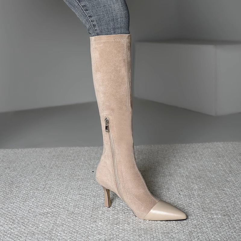 Over-the-knee boots for women  autumn pointed suede high-heeled elastic boots thick-heeled high boots showing long legs and slim boots