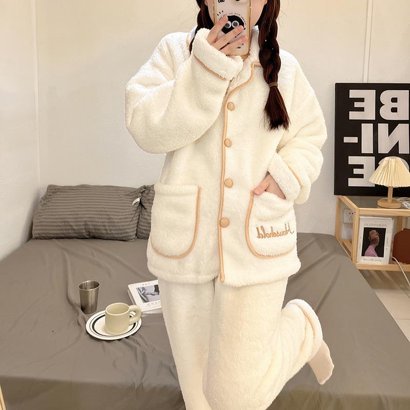 韓國ins風珊瑚絨睡衣女秋冬季加厚法蘭絨2023新款保暖家居服套裝