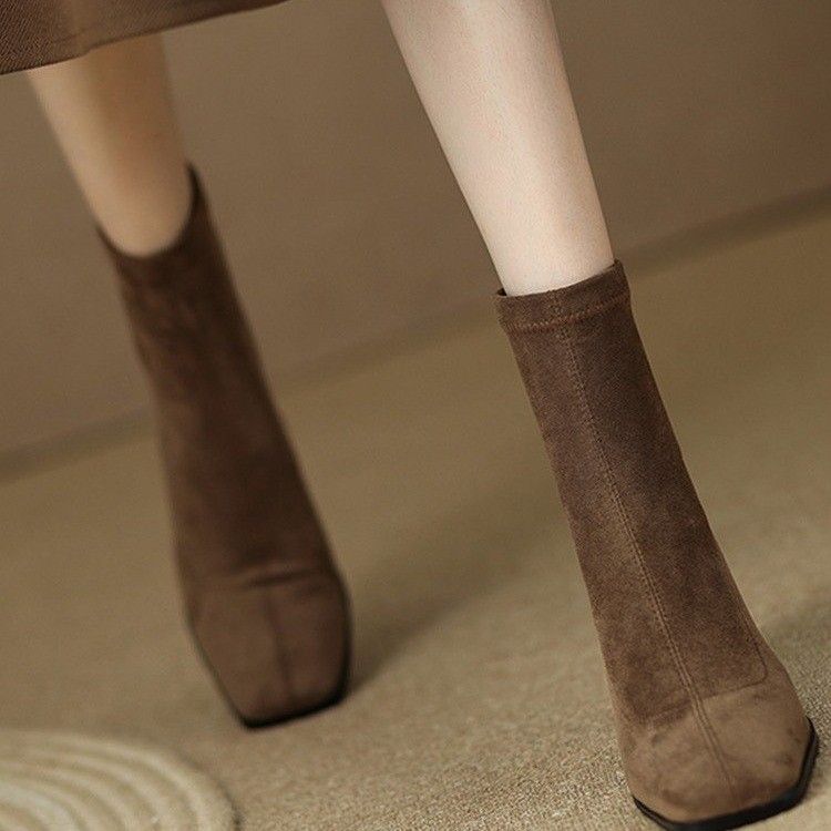 High-heeled short boots for women 2023 new autumn and winter thin boots thick heel boots French suede square toe elastic boots socks boots for women