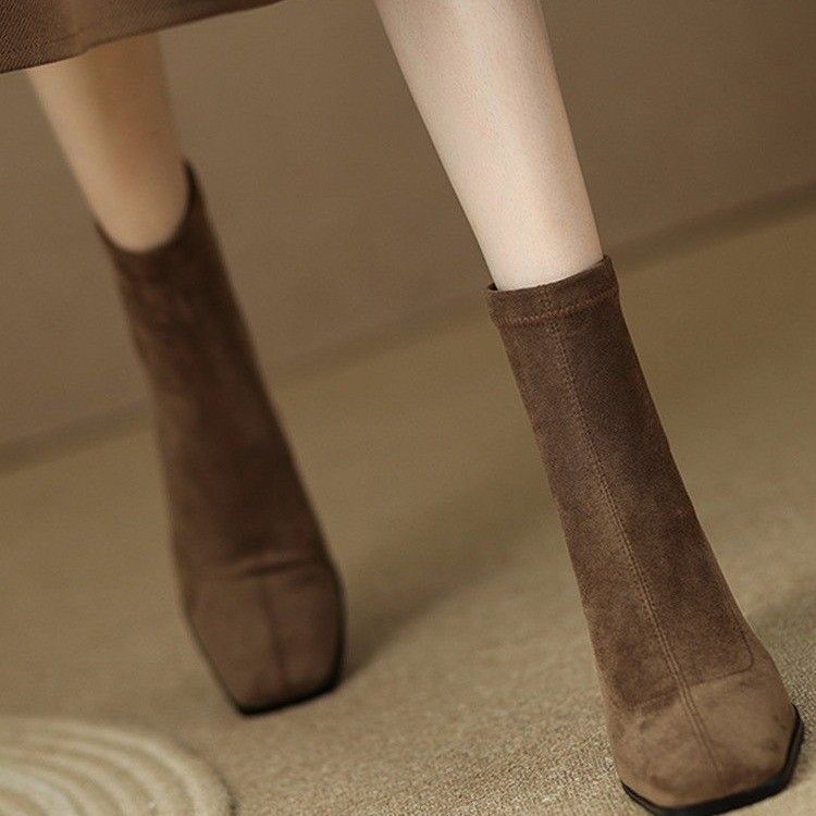 High-heeled short boots for women  new autumn and winter thin boots thick heel boots French suede square toe elastic boots socks boots for women