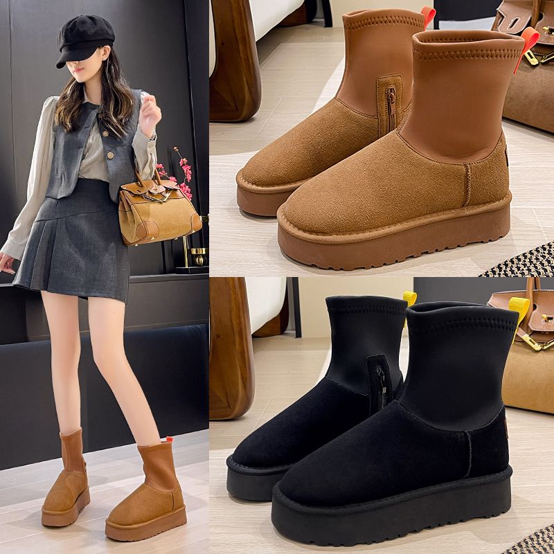 Celebrities' same style thick-soled pencil boots for women  new winter velvet thickened cotton shoes fur integrated snow boots trendy