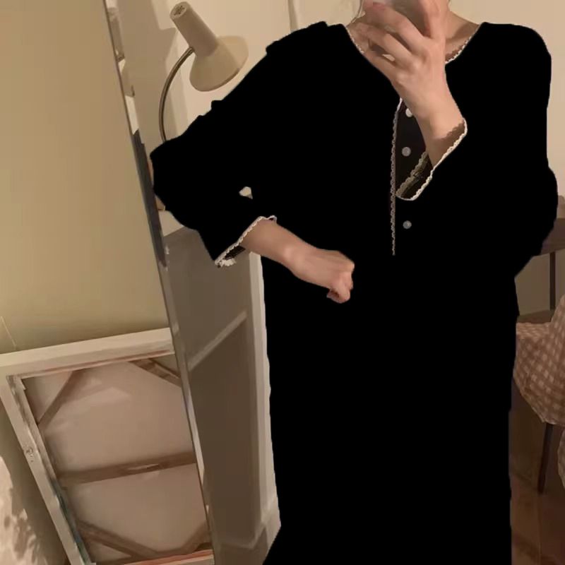 韓版睡衣女春秋純色寬鬆女士純色家居服長袖女款甜美可外穿睡裙女