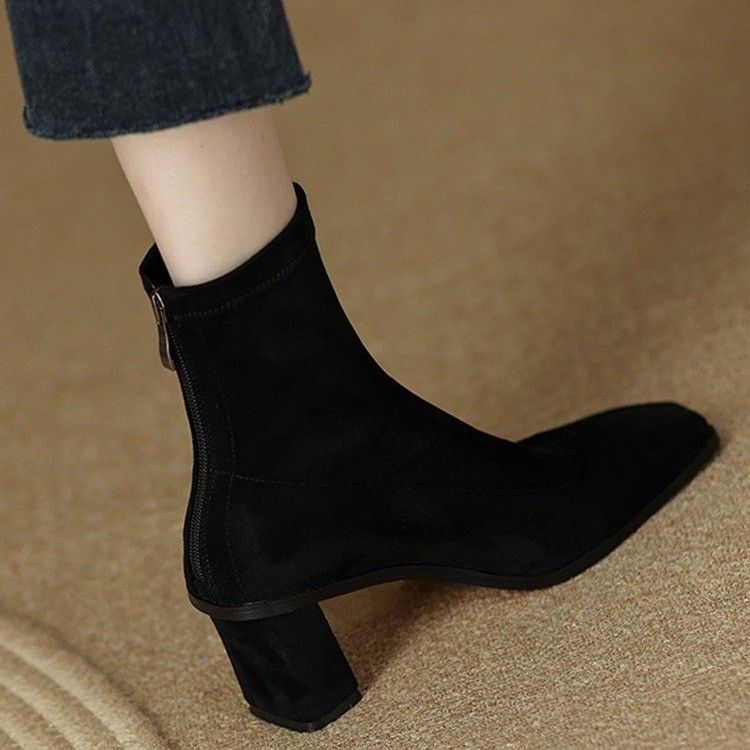 High-heeled short boots for women  new autumn and winter thin boots thick heel boots French suede square toe elastic boots socks boots for women