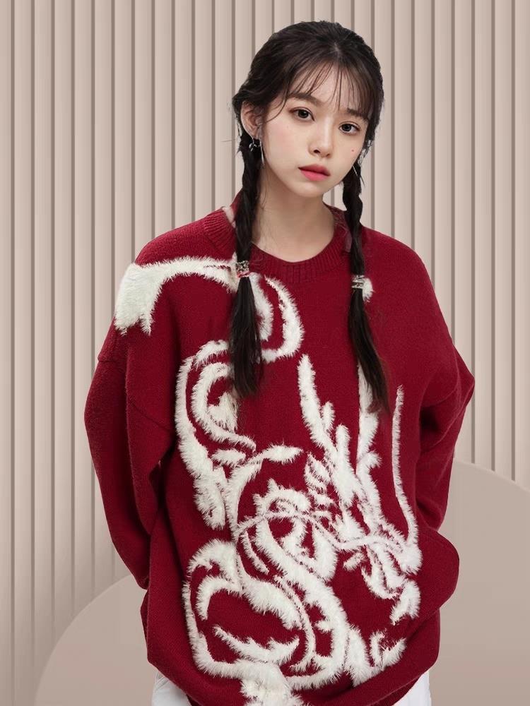 國潮復古2024年新款龍年紅色情侶毛衣男女秋冬季慵懶風圓領針織衫
