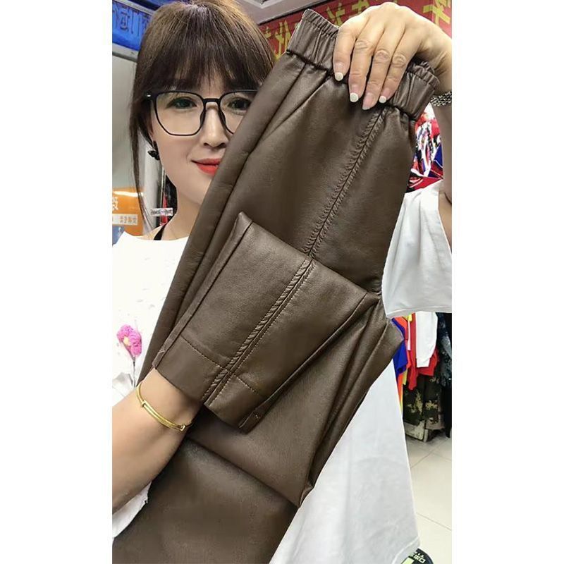 New large size casual leather pants for women 2023 autumn and winter loose high-waist slim harem pants plus velvet versatile small-legged pants