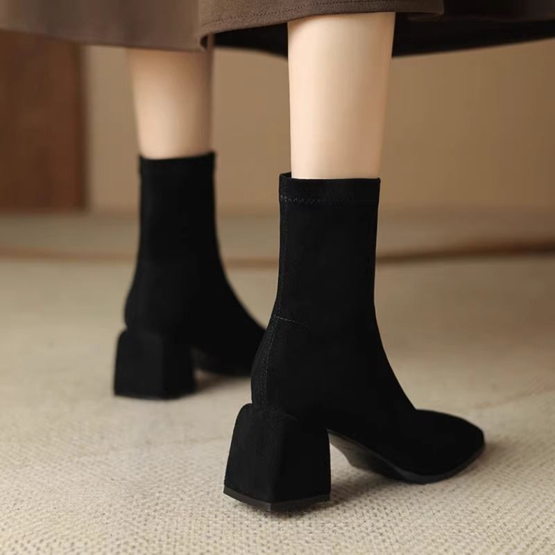 Slim back zipper square toe short boots for women  autumn and winter ins suede thick high heel elastic slim boots short boots