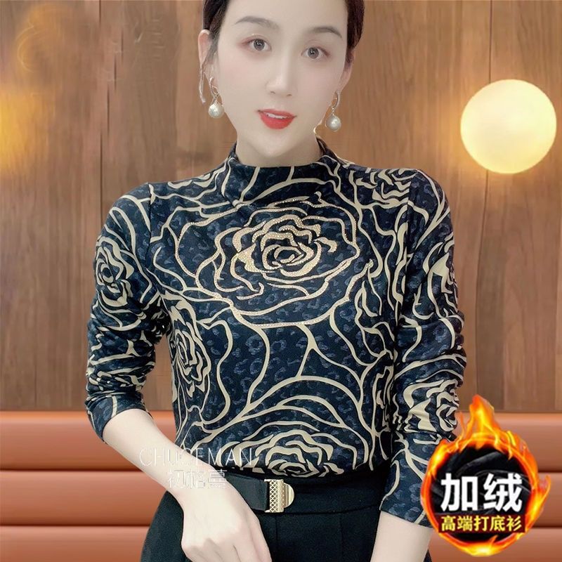 工廠直銷澳絨保暖打底衫女士長袖上衣秋冬新款寬鬆遮肚燙鑽媽媽裝