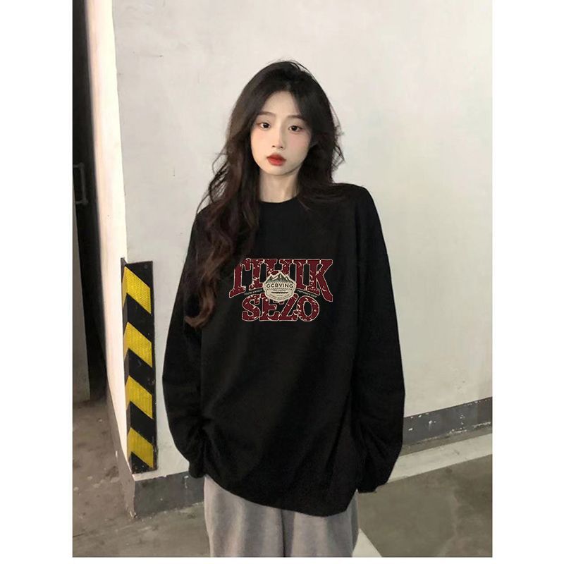 100%純棉長袖黑色t恤女春秋季韓版寬鬆中長款氣質打底內搭上衣服