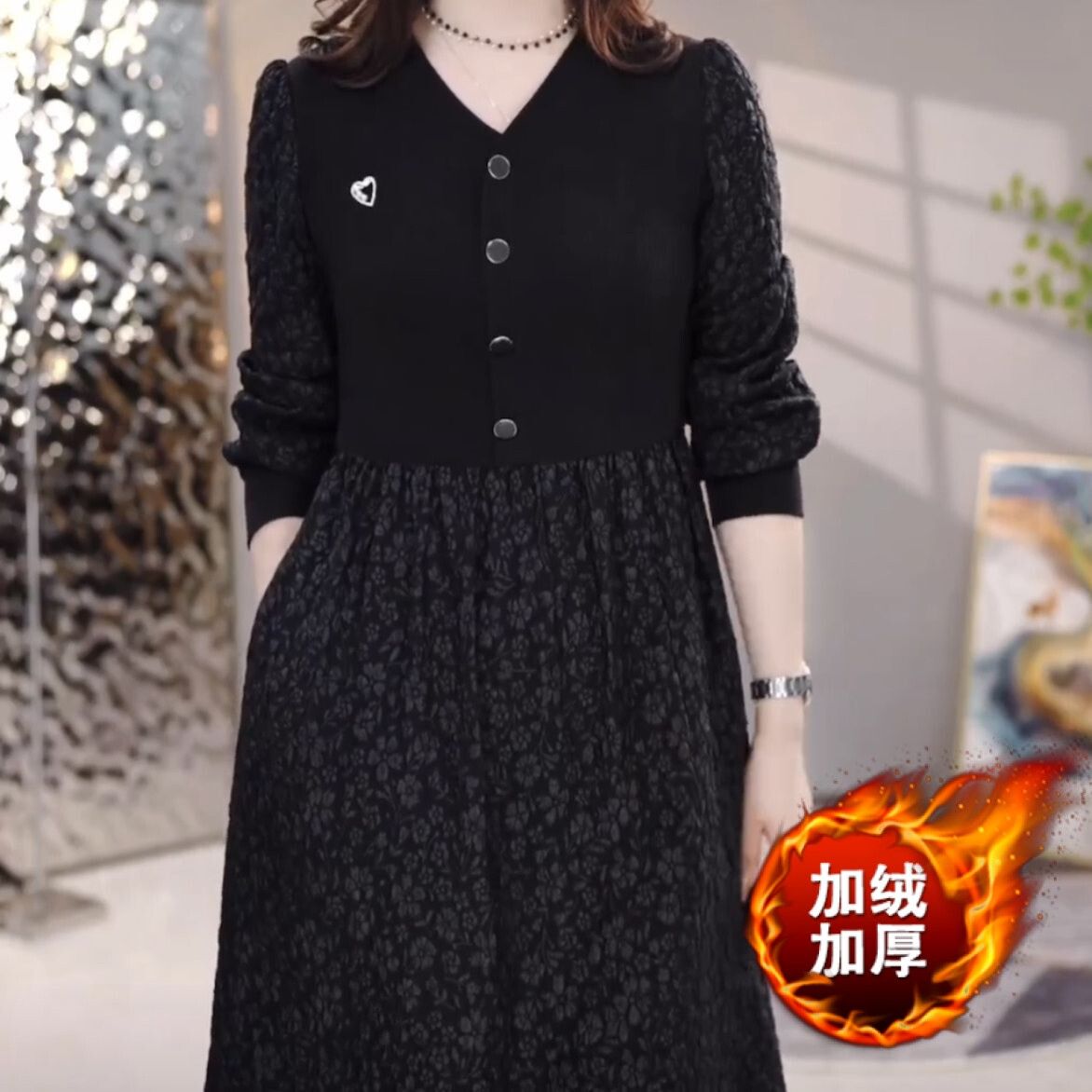 加絨加厚貢緞提花連衣裙2023新款冬女裝長袖法式顯瘦假兩件套裙子