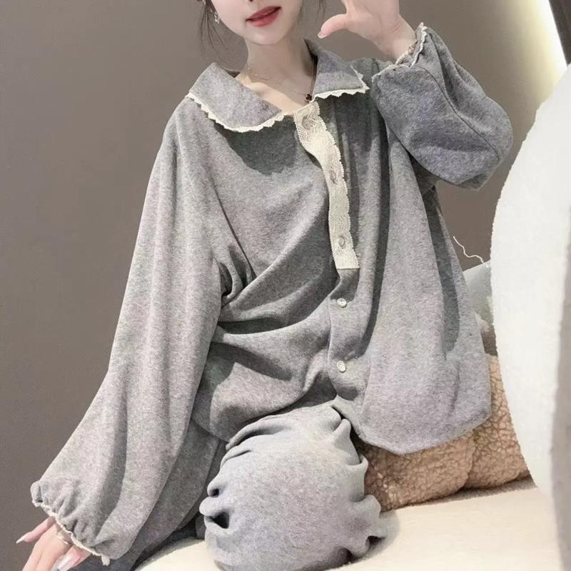 德绒睡衣女秋冬季新款长袖甜美娃娃领灰色蕾丝薄绒家居服套装