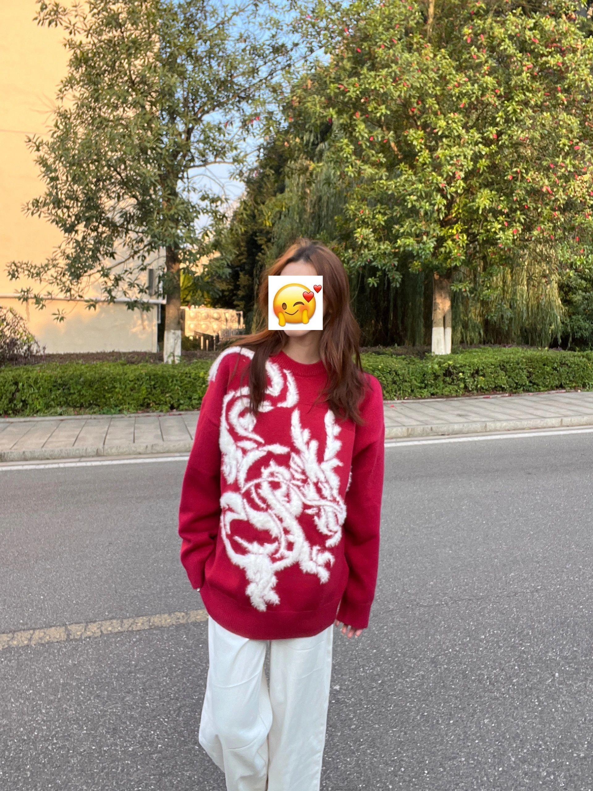 國潮2024新款龍年紅色毛衣男女款秋冬ins寬鬆保暖情侶針織衫外套