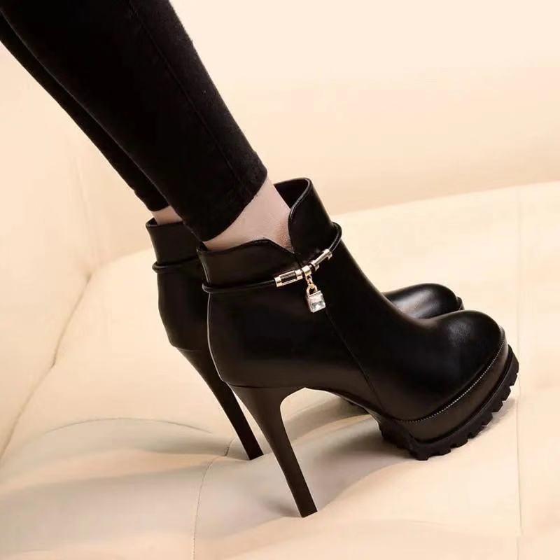 High-heeled boots for women with thin heels European station  autumn and winter new style short Martin boots waterproof platform short boots high heels