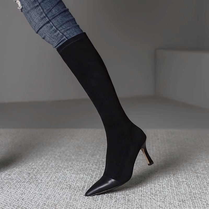 Over-the-knee boots for women  autumn pointed suede high-heeled elastic boots thick-heeled high boots showing long legs and slim boots